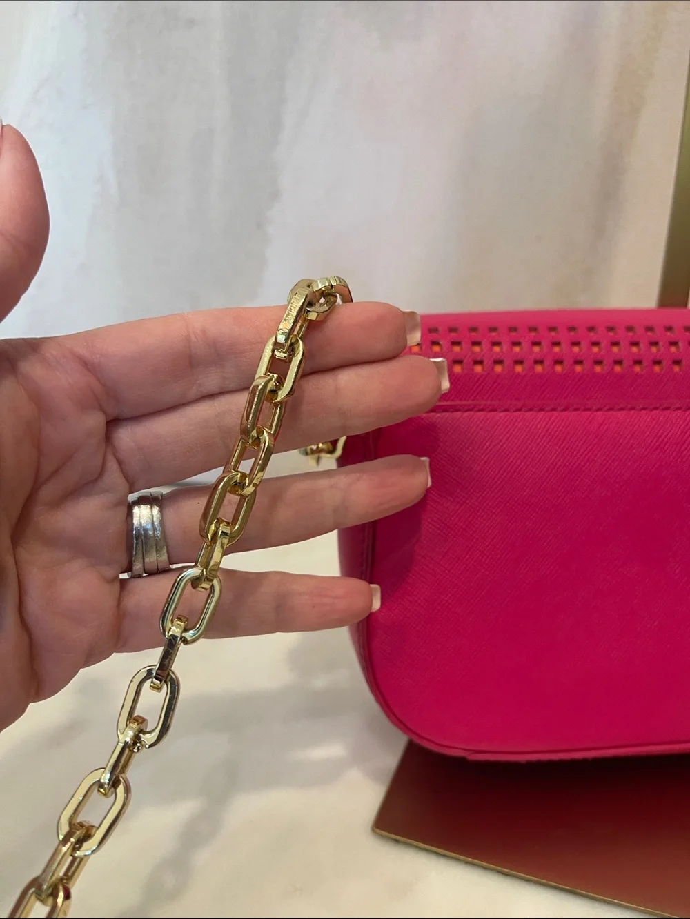 Tory Burch Hot Pink Perforated Leather Crossbody with Gold Hardware
